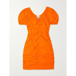 Ganni 'Bow-Detailed' Orange Ruched Cotton-Poplin Bow Accent Mini Dress Size 2 -